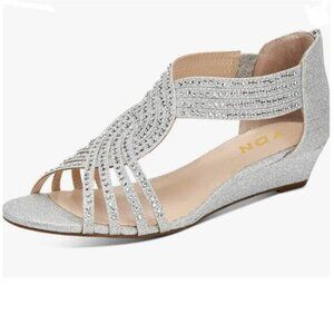 YDN Silver Glitter Open Toe Rhinestones Cross Over Straps Wedge Heel Sandals